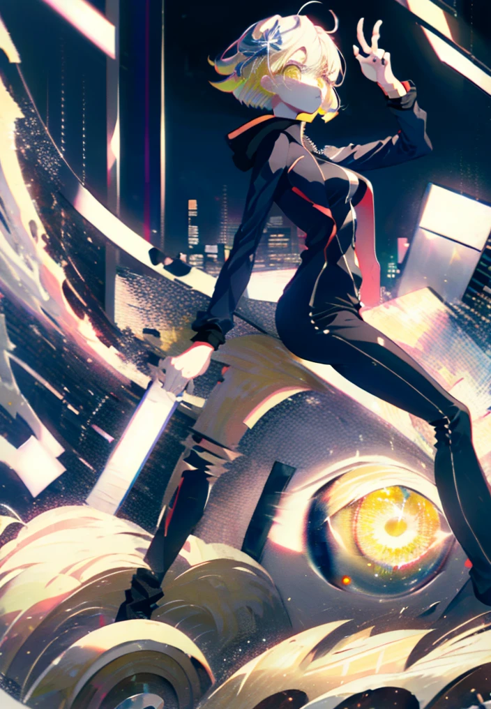 (masterpiece), (HDR), absurdres, (best quality), (ultra high quality), (hi-res), (((sitting))), head tilt, (1girl), solo, alone, mature, ModernCloth, Shinjuku, (yellow eyes), ((short hair)), beautiful detailed eyes, (((platinum blonde hair))), BREAK, dynamic poses, looking away from viewer, blush, city