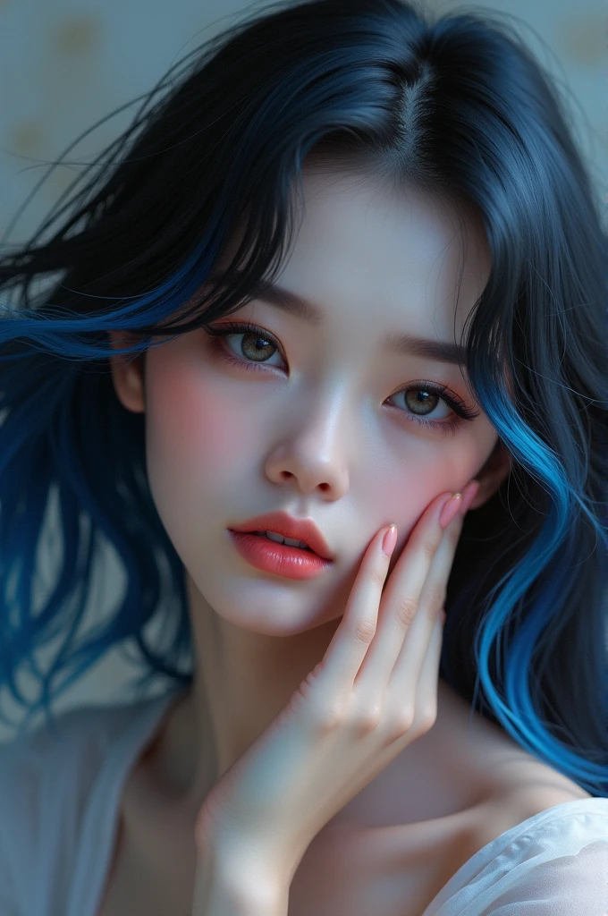 Woman, beautiful with her hand on her face, black hair with blue highlights