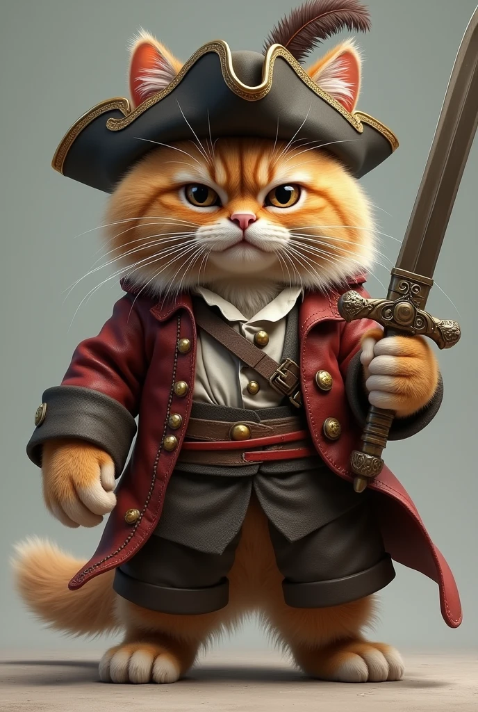 Persian cat dressed as a pirate holding a sword, looking forward like a human, realistic, true, high-resolution details, full picture like real
