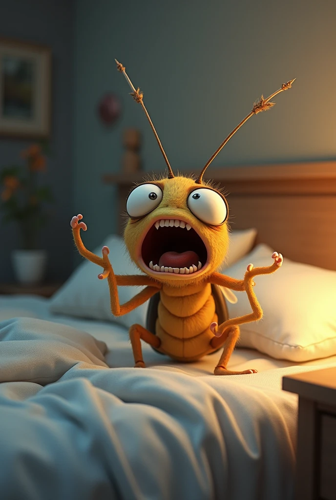insect waking up in his bed scared and crying, animated for a now dormant comic