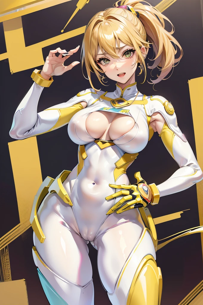 (masterpiece:1.2, Highest quality),(Very detailed),8K,wallpaper,1 female,Mature Woman,4,Sentai heroine colorful, Muscular,((white line on vivid yellow metallic squadron suit)),(((betterhand))),(The background is aurora rainbow),Random hairstyle,Random pose,(((Beautiful female hands,detailed drawing of a hand))),cyber punk,((Beautiful trading cards,gold framed)), ((cameltoe)),