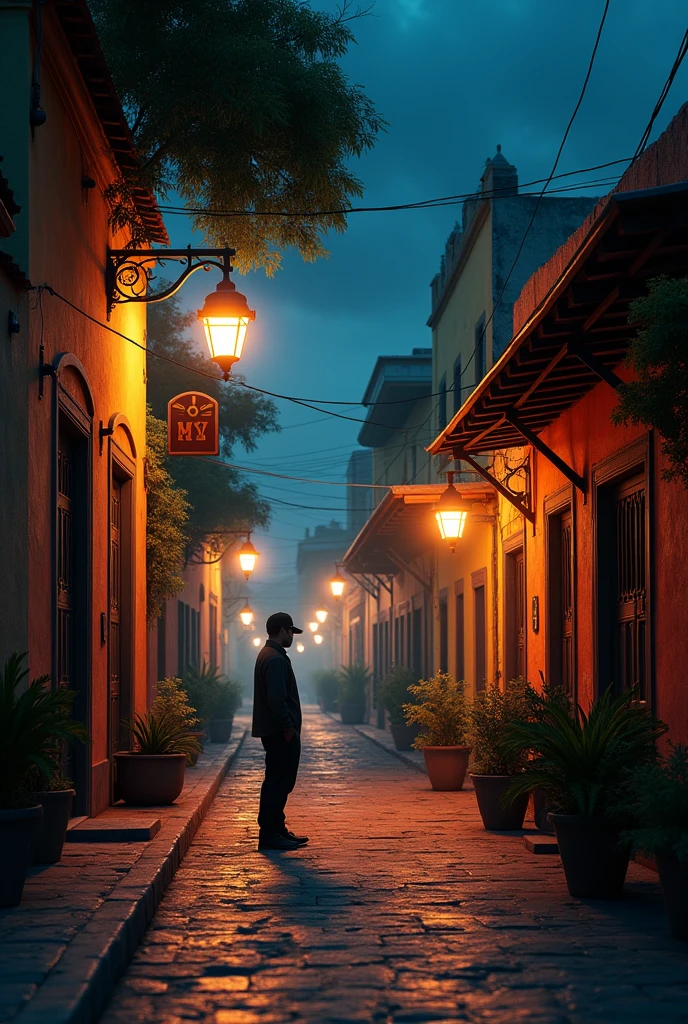 A Mexican neighborhood with a sidewalk that is a little high at night and that the image is seen from the front, that is, to put someone in the image 