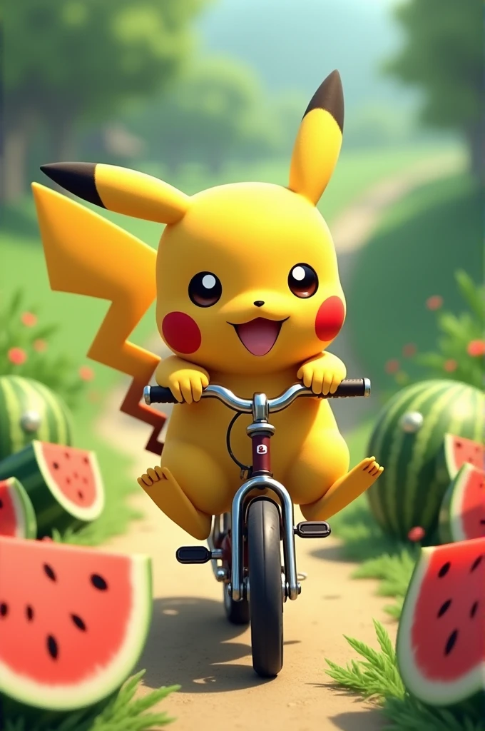 Make pikachu happy on a bicycle with watermelons