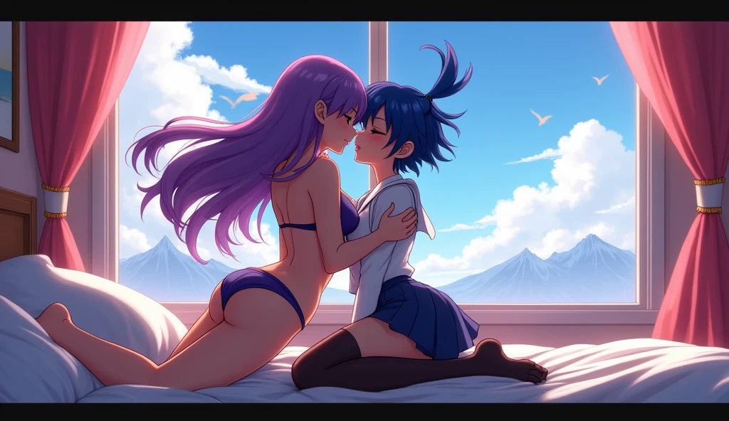 Number 8、Splatoon、Purple Hair、Long Hair、((pantyhose))、Photo from below、Medium chest、Bedroom、Swimsuit、((school uniform))、bulge, legs spread, 2girls, kissing, dating, score_9, score_8_up, score_7_up, source_anime, 
BREAK,, blue hair, short hair, antenna hair, ahoge, yellow eyes,  large chest, black hat, headwear, red and black vest, white shoulder armor, zipper,  white shorts, black thighhighs, green belt, white boots,
BREAK,
1girl, solo, happy, looking at viewer, full body,
BREAK,
asamura hiori
BREAK,
1girl, outdoors, sky, clouds, distant mountains, full body , shoes, 8K,  1girl, adult,  smile, (blush), (shy), looking at viewer,  dynamic angle, wind, game cg, fantastic scenery, bulge, bulge in shorts, 