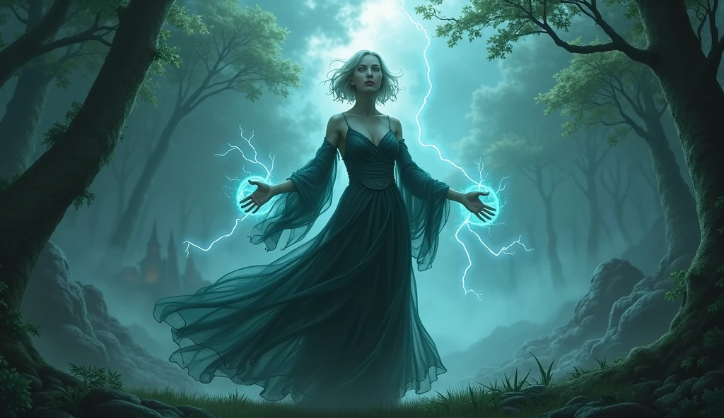 Wallpaper of a very beautiful witch standing in forest facing towards camera with short open hair and open arms getting power from the sky. Very dense and heavy smoke and lighting strikes in the background.  