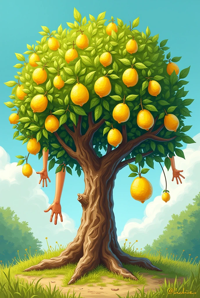 Create a picture of a lemon tree with body parts hanging from it. Try cartoon style