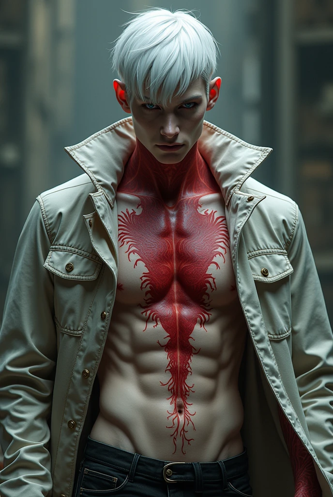 Create a slim but defined white haired male albino has a large red tattoo wears an open blouse jacket 