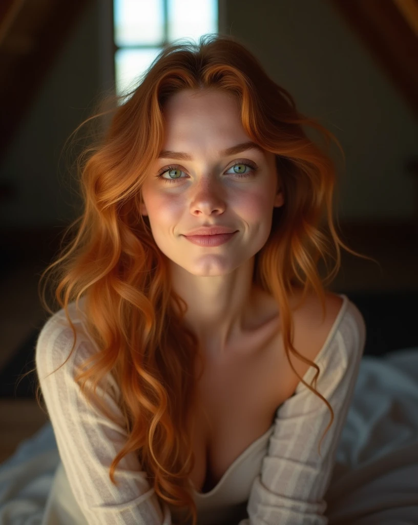 photographic shot of a beautiful woman, she has slightly wavy long ginger hair, her green eyes shining with reflection of light, she sitting on attic, sunshine comes inside from single square window, she smiling to the viewer, slightly tilted head, pastel bokeh effect, depth of field, subsurface light scattering, backlighting, dark ambient.