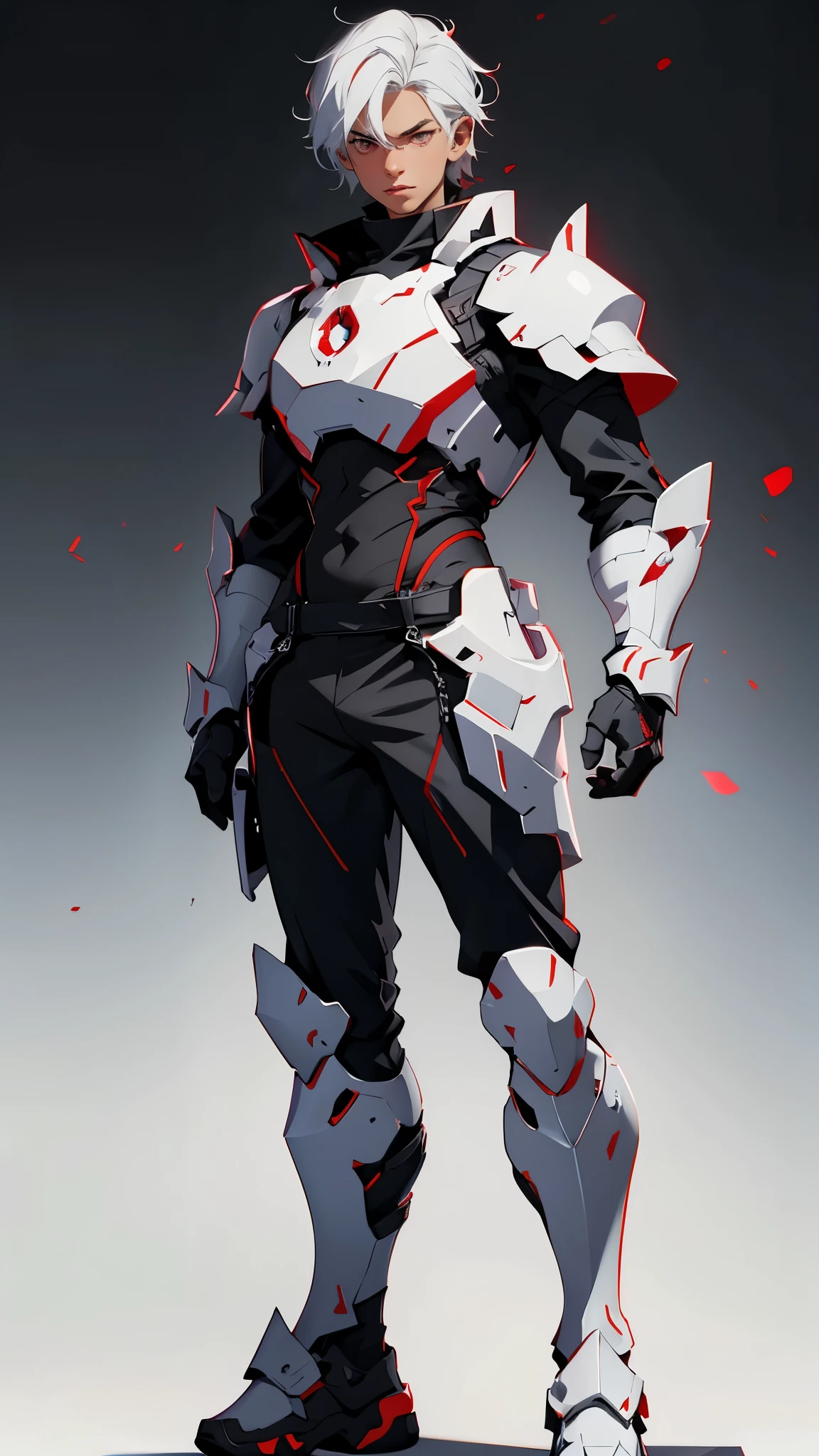 envision a 8k, highres, cinematic full body design sheet of a boy with sleek skinny body, clean shaved, with short wavy white hair, and red eyes wearing a white and black leather armor against a dark gray background