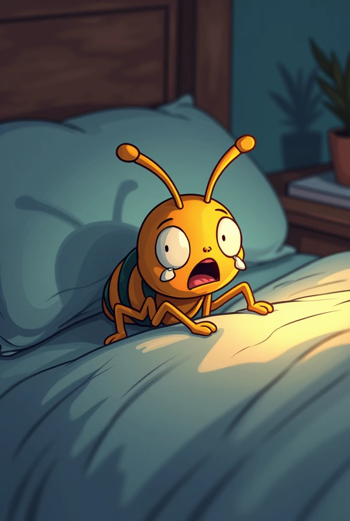 insect waking up in his bed scared and crying, animated for a comic NOW SLEEPING