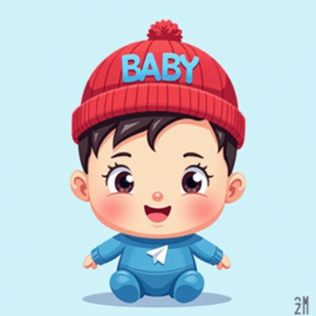 Baby povel durov , Telegram logo , cute , background light blue , red hat , BABY written on the hat in capital letters , in blue clothes povel durov yaz