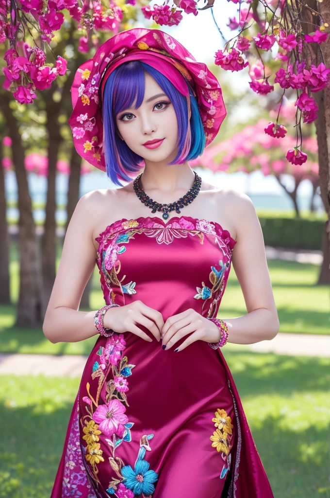 (masterpiece:1.4), (best quality:1.4), ultra high res, ultra high resolution, ((detailed facial features)), HDR, (realistic, photorealistic, photo-realistic:1.37), full body Esbian, sexy swedish model, (-anime), only 1 model, vivid colors, ((vivid colors multicolor (fuchsia, pink, red, purple) very short hair)), beautiful smile, lip-gloss, long lashes, defined eyebrows, wearing large sparkling colorful jewelery, wearing a red silk Paradise Kiss cosplay dress with black floral embroidery, ((vivid colors outfit)), vivid colors, look at the camera, cinematic light, large park background with trees, sweet and sexy pose