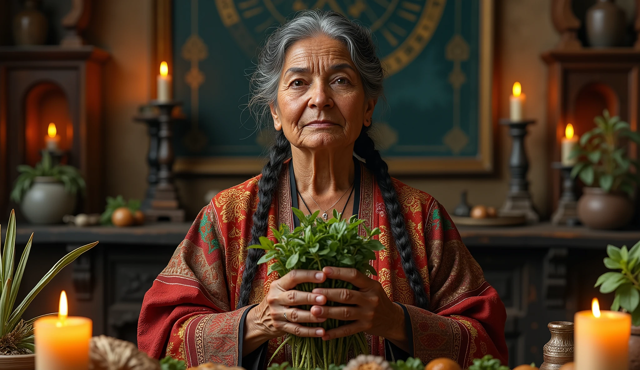 Create an ultra-realistic image of a traditional Mexican healer woman looking straight ahead , 60 years old dressed in exquisite clothes. She is performing a blessing ritual. The healer holds a bundle of herbs, like rue and basil, In your hands. His expression is serene and focused as he performs the ritual.. in the background candles, aromatic herbs, various saints