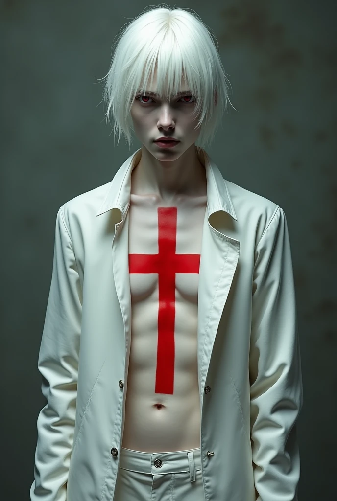 Create a slim but defined white haired male albino has large red cross tattoo wears open blouse jacket 