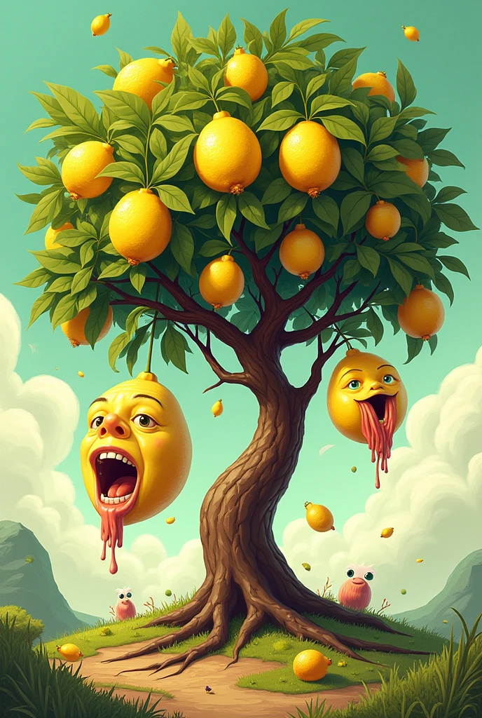 Create a picture of a lemon tree with body parts hanging from it. Try cartoon style. Include a human head