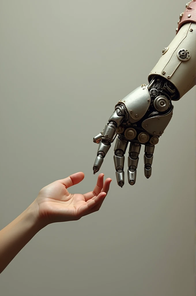 The hands from the famous painting the creation of Adam. One hand is robot, the other is human. In the style of Michelangelo. Matte background