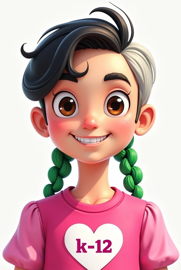 Gender:male Skin:Clear Eyes:brown Style:cartoon
Cabelo:hair parted in the middle with one side black and one side white, in addition a braid on each side with the respective color of the hair side, at the beginning of the braid there is a green-water colored loop Body:high Clothes:a hot pink shirt with light pink puff sleeves and a white heart in the middle of the shirt with the writing "K- "