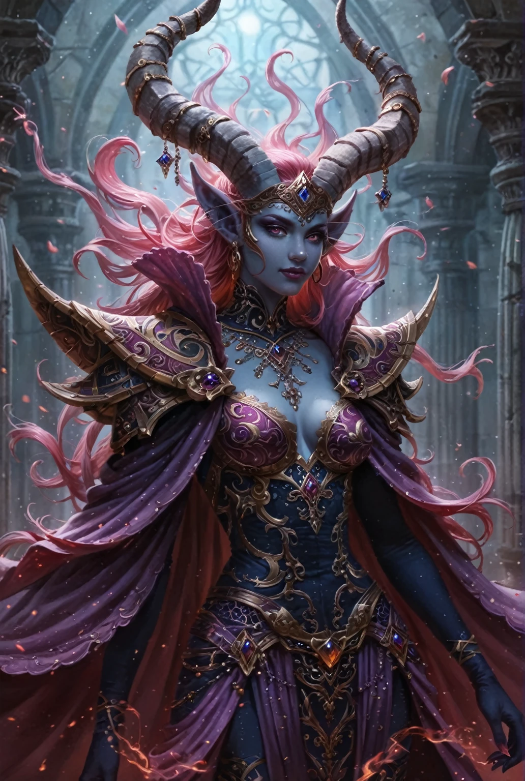 a close up of a woman with horns and a purple dress, artgerm julie bell beeple, beautiful elegant demon queen, magic the gathering sorceress, 4k fantasy art, artgerm detailed, fantasy card game art, concept art | artgerm, tiefling, alluring tiefling druid, attractive tiefling druid, detailed fantasy art