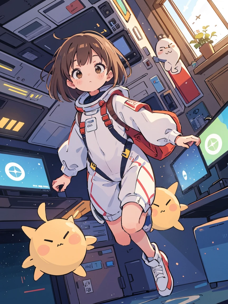 ((Best Quality)), (masutepiece)), (Details: 1.4), 。.。.3D, Absurd resolution, High resolution, (masutepiece: 1.4), ultra-detailliert, Beautiful girl 1 person, Futuristic female figure, Shimmering brown hair, Beautiful brown eyes, Beautiful face, 20 years old, Spaceship, floating, Small, space suits, Spaceship, window, Future, Dynamic Pose, Change of clothes, space girl