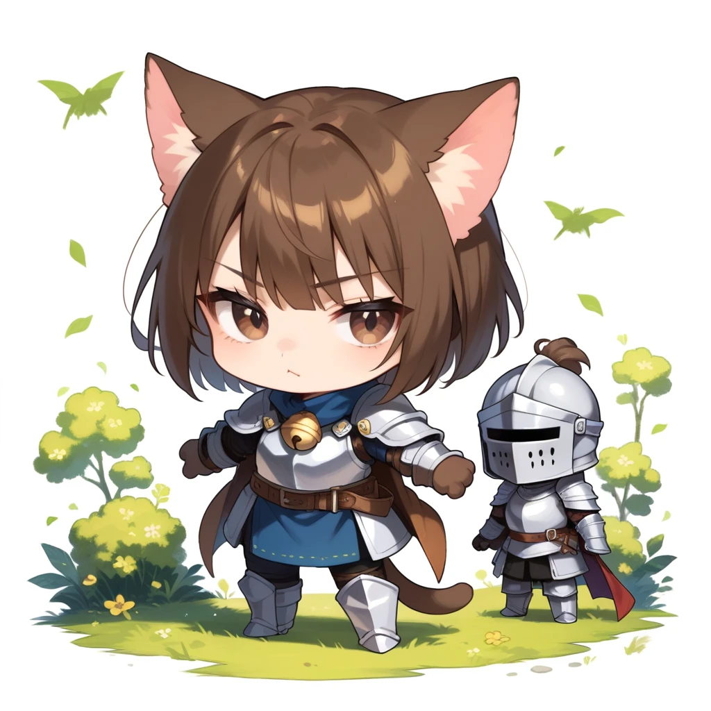 score_9, score_8_up, score_7_up, source_anime,rating_safe,handsomize, short brown hair, cat girl, knight, serious face, bell on neck, brown eyes,full body, chibi, white background