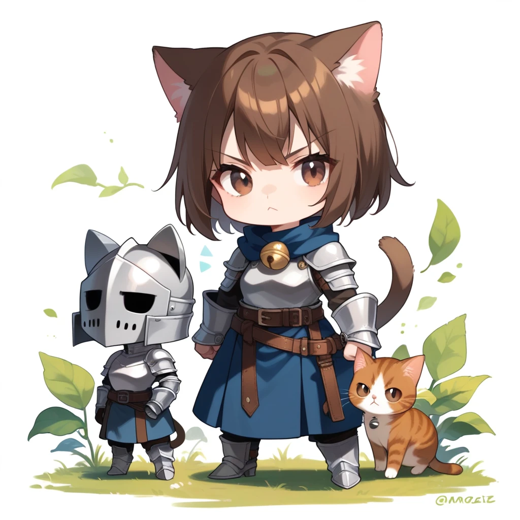 score_9, score_8_up, score_7_up, source_anime,rating_safe,handsomize, short brown hair, cat girl, knight, serious face, bell on neck, brown eyes,full body, chibi, white background