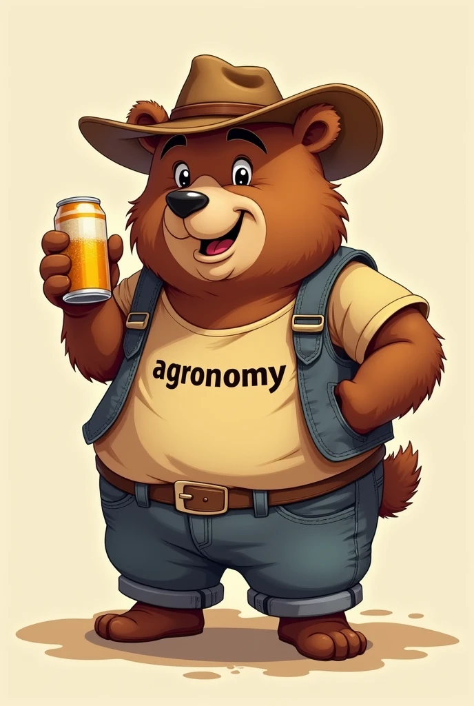 Cartoon bear wearing a cowboy hat with a can of beer in his hand, and that on the shirt it says "AGRONOMY"