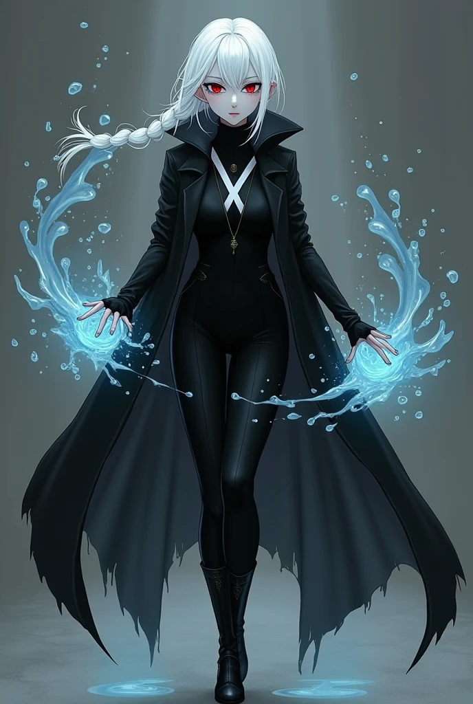 An albino-looking girl, white hair tied with a braid, crimson red cat eyes, White eyelashes and eyebrows with black line-like marks under the eyes, pale skin, Skinny body. His black suit, His shirt had a white X on it that was hidden by his black coat., black boots, black fingerless gloves, has a black hood on ,use water magic
