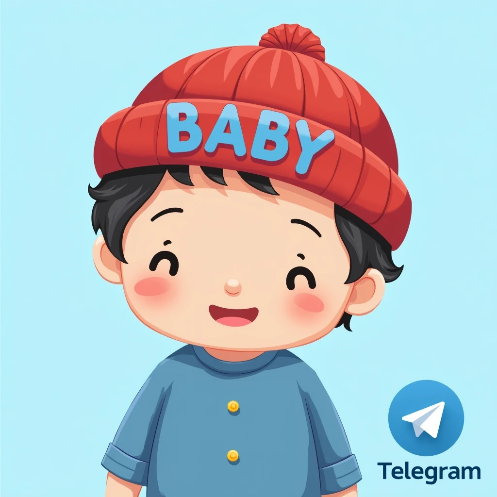 Baby povel durov , Telegram logo , cute , background light blue , red hat , BABY written on the hat in capital letters , in blue clothes povel durov yaz 