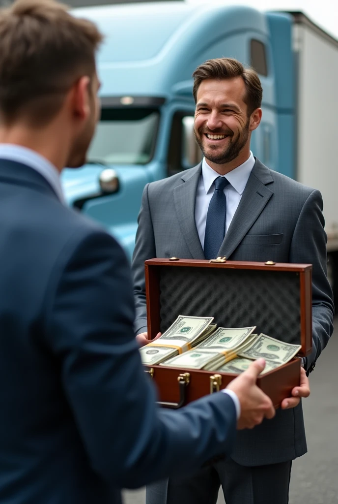 55000 dollars cash in a briefcase 💼
Inside our trailer truck company Infront of a potential buyer
Taking a picture facing Camara and smile 
Now focus on the figures