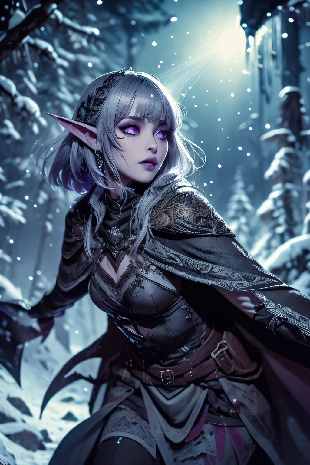 (Ultra-detailed face, looking away, Fantasy Illustration with Gothic, Ukiyo-e, Comic Art, Rich colors), 
BREAK 
(A female dark elf ranger is being attacked by multiple ice skeleton warriors in the midst of a heavy snowfall. She lowers herself with a shortsword, both hands glowing blue-white with cold-enhancing magic, and turns around and side-swipes the ice skeleton warriors with her sword.), 
BREAK 
(This is the extreme cold of the north. The trees in the forest have turned to ice, the starlust is falling, and the air is so cold that it glistens. Snow continues to fall and fresh snow piles high in the air.), 
BREAK 
(DarkElves: A middle-aged dark elf woman with silver color hair, blunt bangs, bob cut and dark purple color skin, lavender color eyes.), 
BREAK 
(DarkElves: A female dark elf ranger wears a full plate of mithril with runic reliefs and a short green cape.)