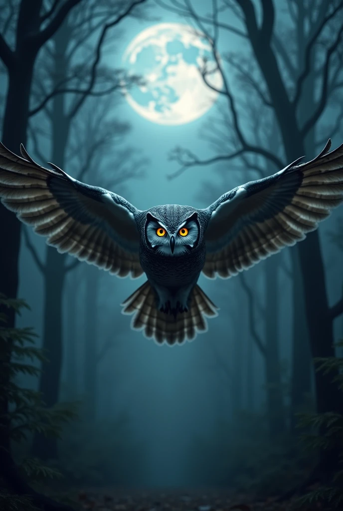 fantasy, full body shot, a mystical owl flying through a dark forest straight at the viewer , detailed feathers, intense glowing eyes, sharp beak, night sky background, moonlight shining through trees, (best quality,8k,highres,masterpiece:1.2),ultra-detailed,(realistic,photorealistic,photo-realistic:1.37),dark and moody atmosphere, dramatic lighting, cinematic composition