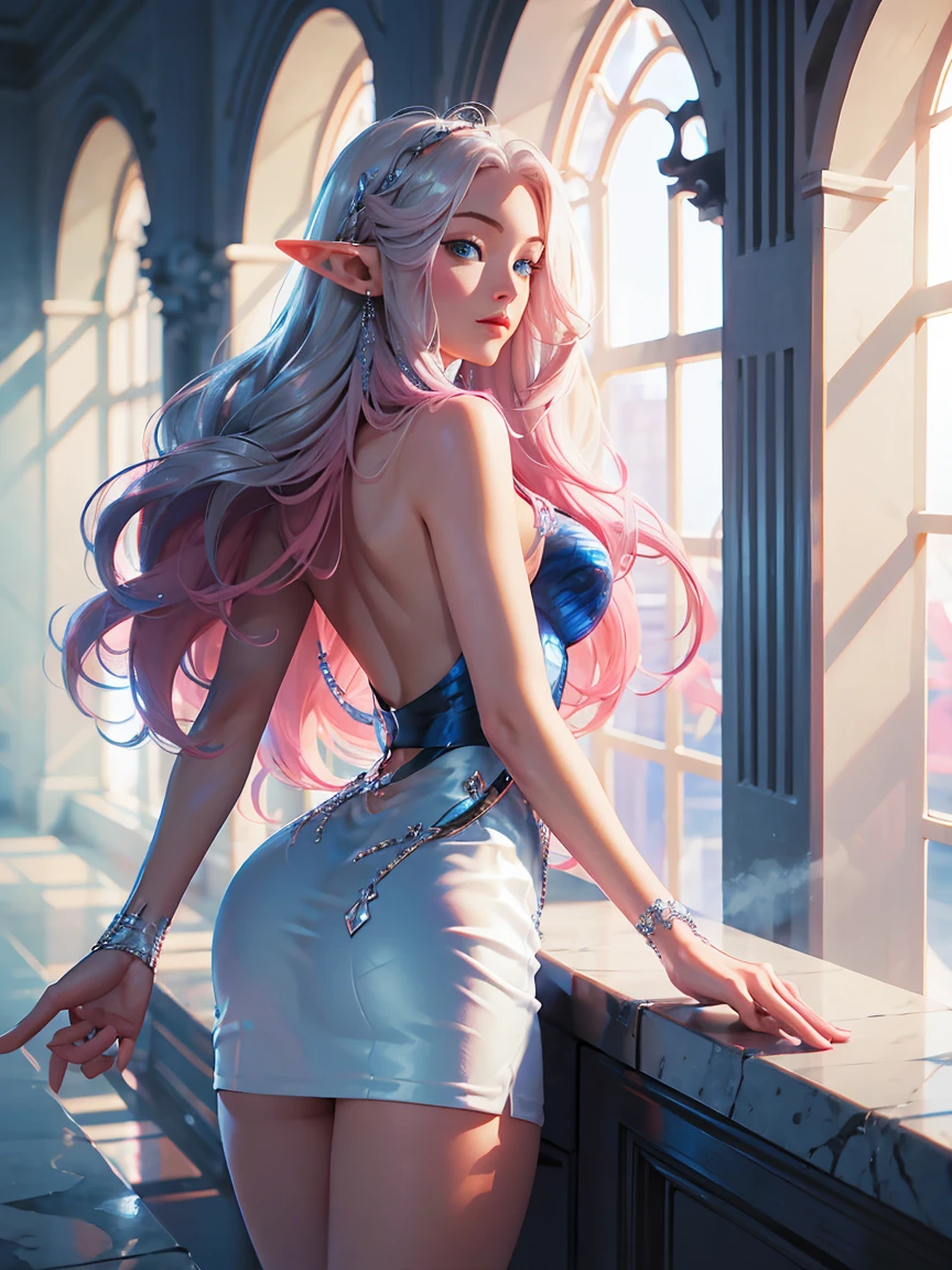 detailed textures, high quality, high resolution, high accuracy, Realism, color correction, correct lighting settings, harmonious composition. miss, long wavy hair, pink hair, Blue eyes, elf,Sexual curves, White and silver dress, Beautiful, without back、show your ass--ar 3:4- Niji 6