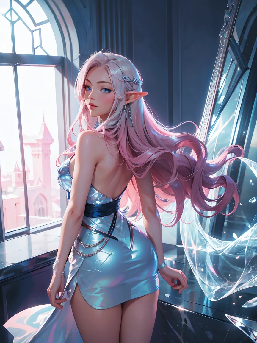 detailed textures, high quality, high resolution, high accuracy, Realism, color correction, correct lighting settings, harmonious composition. miss, long wavy hair, pink hair, Blue eyes, elf,Sexual curves, White and silver dress, Beautiful, without back、show your ass--ar 3:4- Niji 6