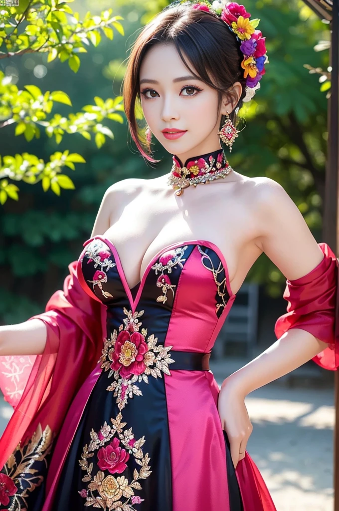 (masterpiece:1.4), (best quality:1.4), ultra high res, ultra high resolution, ((detailed facial features)), HDR, (realistic, photorealistic, photo-realistic:1.37), full body Esbian, sexy Vietnamese model, (-anime), vivid colors, ((vivid colors multicolor (red, pink) very short hair)), (happy smile), lip-gloss, long lashes, ultra detailed metallic makeup, defined eyebrows, wearing large sparkling colorful jewelery, wearing a red silk Paradise Kiss cosplay dress with black floral embroidery, ((vivid colors outfit)), vivid colors, look at the camera, cinematic light, large park background with trees, sweet and sexy pose