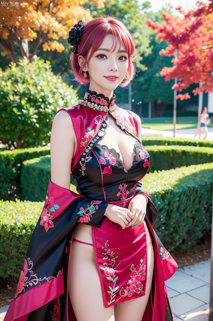 (masterpiece:1.4), (best quality:1.4), ultra high res, ultra high resolution, ((detailed facial features)), HDR, (realistic, photorealistic, photo-realistic:1.37), full body Esbian, sexy Vietnamese model, (-anime), vivid colors, ((vivid colors multicolor (red, pink) very short hair)), (happy smile), lip-gloss, long lashes, ultra detailed metallic makeup, defined eyebrows, wearing large sparkling colorful jewelery, wearing a red silk Paradise Kiss cosplay dress with black floral embroidery, ((vivid colors outfit)), vivid colors, look at the camera, cinematic light, large park background with trees, sweet and sexy pose