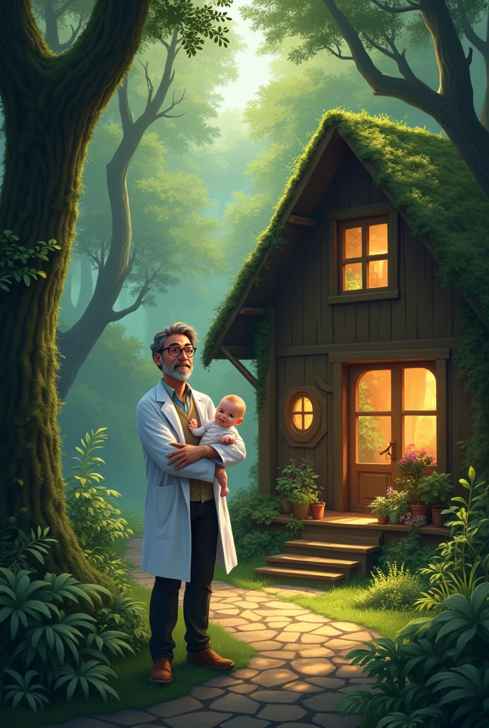Scientist and his baby in a house in the woods while everything is chaos