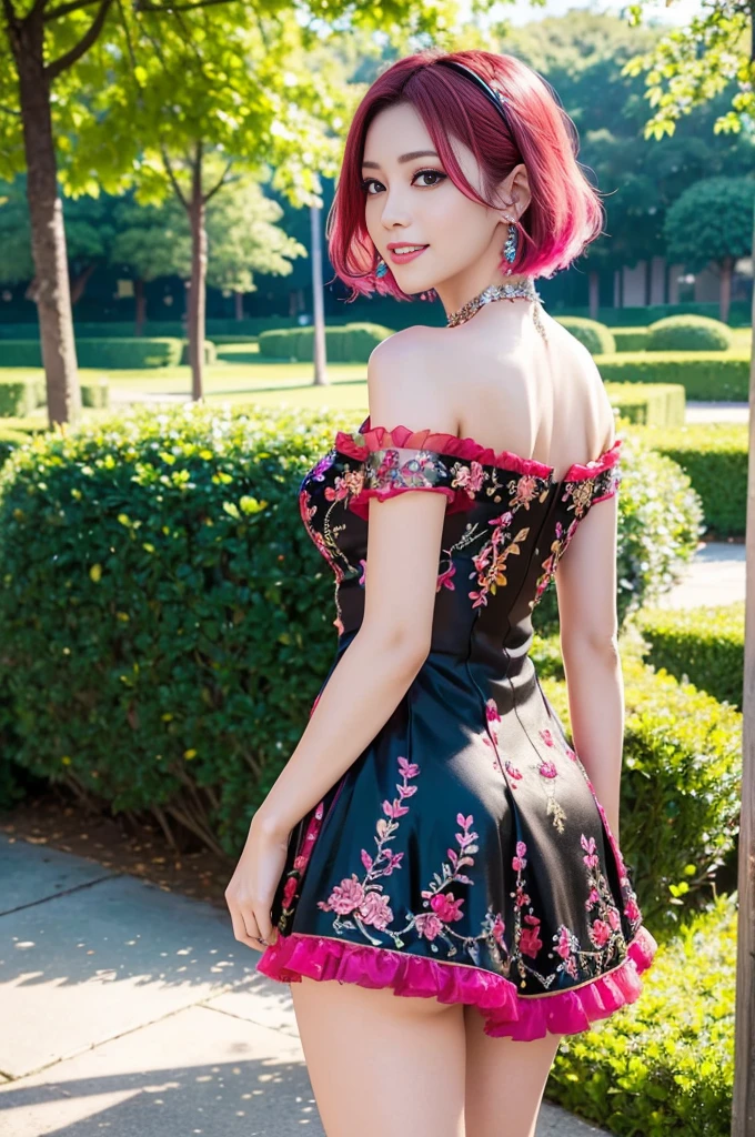 (masterpiece:1.4), (best quality:1.4), ultra high res, ultra high resolution, ((detailed facial features)), HDR, (realistic, photorealistic, photo-realistic:1.37), full body Esbian, sexy Vietnamese model, (-anime), vivid colors, ((vivid colors multicolor (red, pink) very short hair)), (happy smile), lip-gloss, long lashes, ultra detailed metallic makeup, defined eyebrows, wearing large sparkling colorful jewelery, wearing a red silk Paradise Kiss cosplay dress with black floral embroidery, ((vivid colors outfit)), vivid colors, look at the camera, cinematic light, large park background with trees, sweet and sexy pose