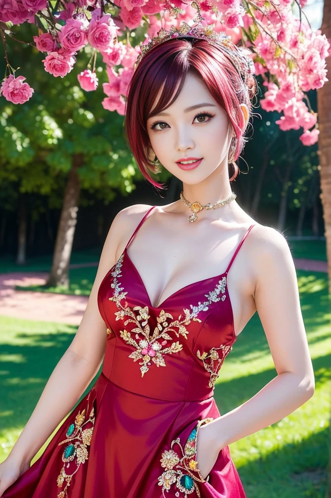 (masterpiece:1.4), (best quality:1.4), ultra high res, ultra high resolution, ((detailed facial features)), HDR, (realistic, photorealistic, photo-realistic:1.37), full body Esbian, sexy Vietnamese model, (-anime), vivid colors, ((vivid colors multicolor (red, pink) very short hair)), (happy smile), lip-gloss, long lashes, ultra detailed metallic makeup, defined eyebrows, wearing large sparkling colorful jewelery, wearing a red silk Paradise Kiss cosplay dress with black floral embroidery, ((vivid colors outfit)), vivid colors, look at the camera, cinematic light, large park background with trees, sweet and sexy pose