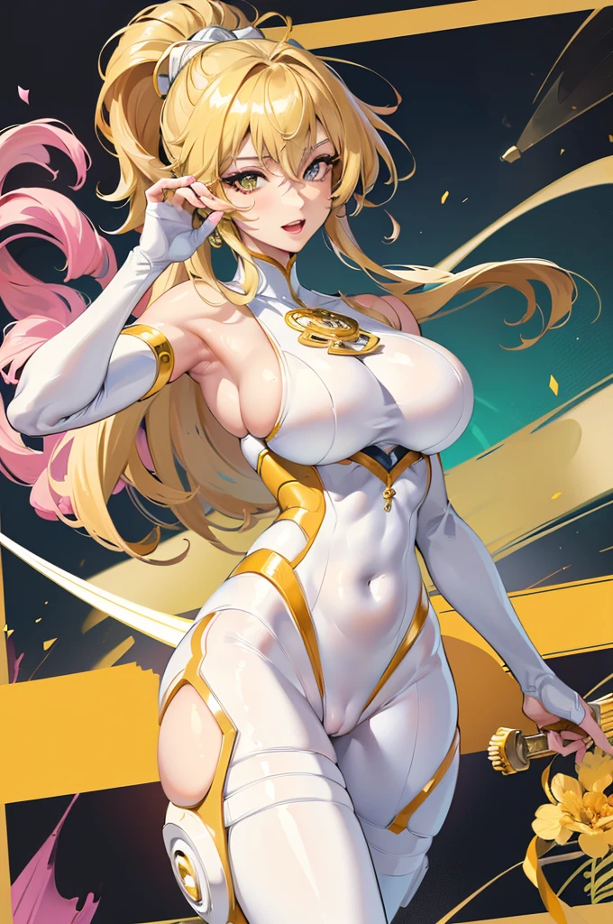 (masterpiece:1.2, Highest quality),(Very detailed),8K,wallpaper,1 female,Mature Woman,4,Sentai heroine colorful, Muscular,((white line on vivid yellow metallic squadron suit)),(((betterhand))),(The background is aurora rainbow),Random hairstyle,Random pose,(((Beautiful female hands,detailed drawing of a hand))),cyber punk,((Beautiful trading cards,gold framed)), ((cameltoe)),