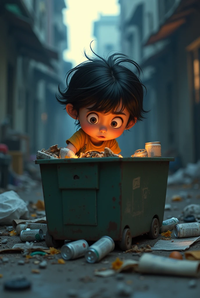A Pixar-style image of an eleven-year-old girl blindly searching through the dumpster in disgust