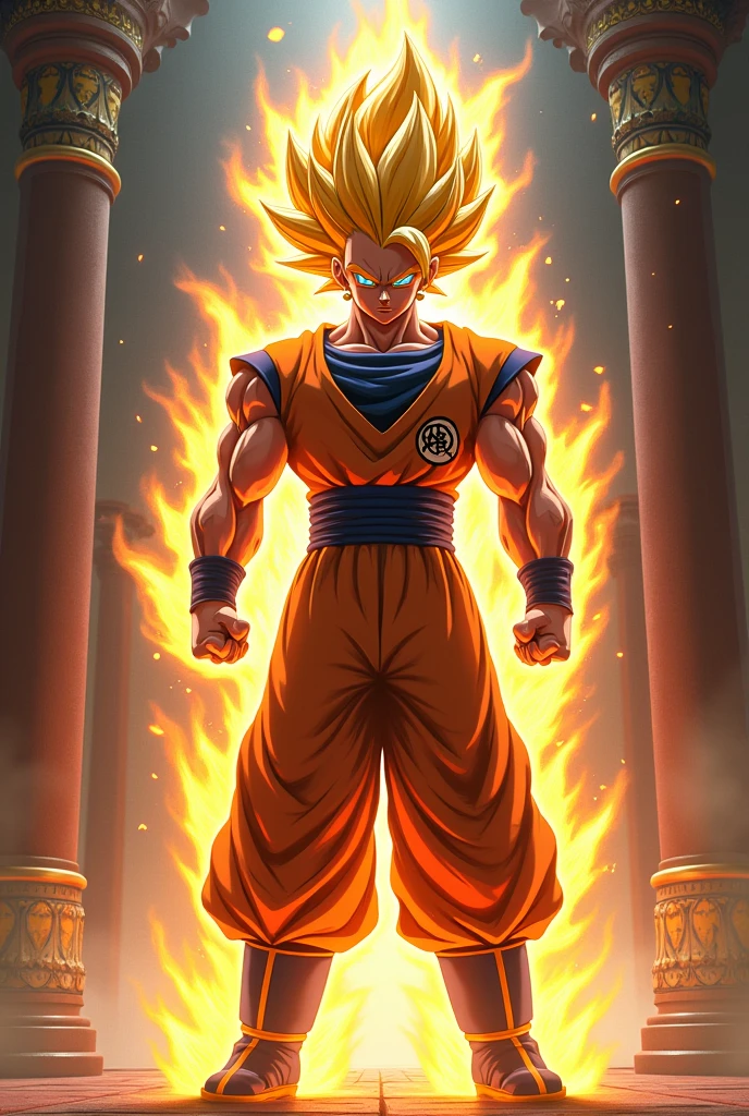 in the context of Dragon Ball Z, I want the fusion of Goku and Vegeta (Vegetto) and ssj4, with the potara earrings, Let the environment be the sacred temple. solo un individuo sale de esta fusión el cuál es Vegetto.