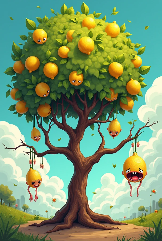 Create a picture of a short lemon tree with body parts hanging from it. Try cartoon style. Include a human head