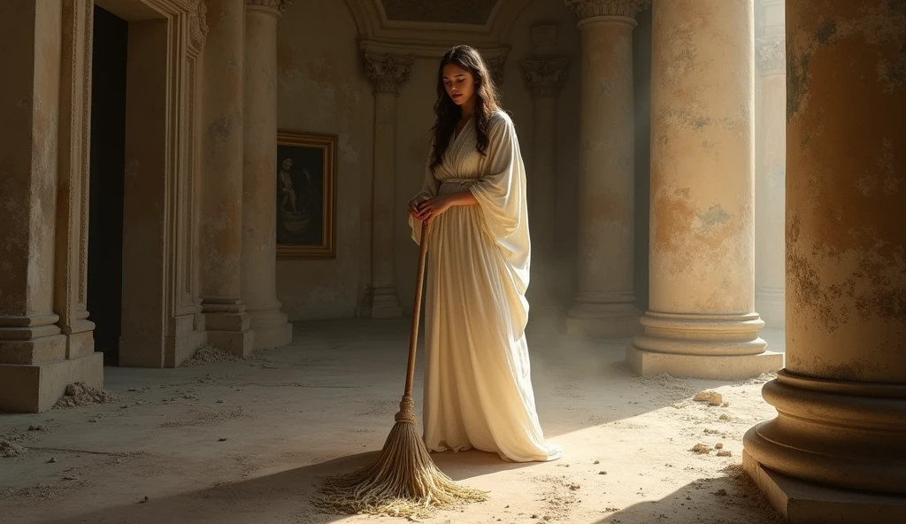 In the heart of an ancient villa, uma mulher varrendo a casa. This high-resolution painting captures the moment with exquisite realism, showcasing the woman's flowing robes and ethereal beauty. The composition is in biblical symbolism, inviting viewers to ponder the significance of the event. Ensure that the image depicts the thematic concept of lost coin story and is visually appealing and eye-catching. hyper detailed, dynamic color , wearing a tunic, super emotional image, Great quality and realistic image, the epic scene, hiper realistic, blockbuster, high detailed, , 8K photography, 50mm f/1.8 lens, high details, high face details, high hands details, perfect hands, soft illumination, high quality, natural light, stunning blockbuster background, dynamic angle