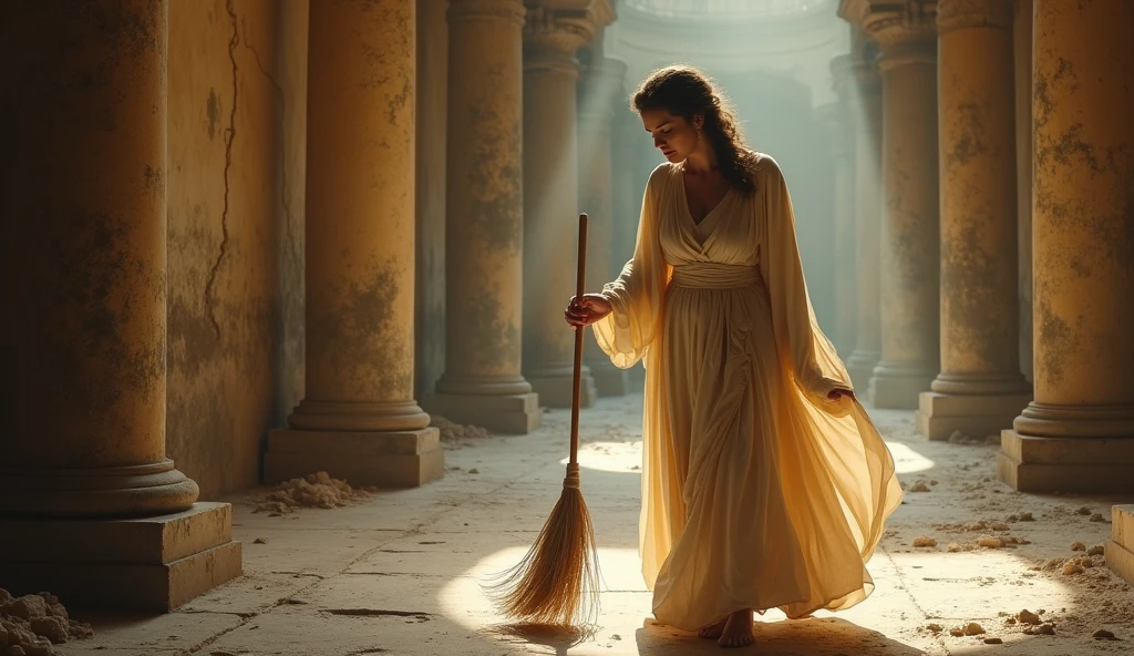 In the heart of an ancient villa, uma mulher varrendo a casa. This high-resolution painting captures the moment with exquisite realism, showcasing the woman's flowing robes and ethereal beauty. The composition is in biblical symbolism, inviting viewers to ponder the significance of the event. Ensure that the image depicts the thematic concept of lost coin story and is visually appealing and eye-catching. hyper detailed, dynamic color , wearing a tunic, super emotional image, Great quality and realistic image, the epic scene, hiper realistic, blockbuster, high detailed, , 8K photography, 50mm f/1.8 lens, high details, high face details, high hands details, perfect hands, soft illumination, high quality, natural light, stunning blockbuster background, dynamic angle
