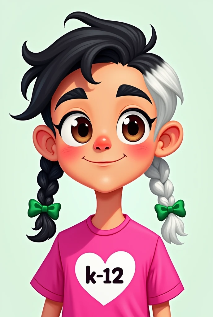 Gender:male Skin:Clear Eyes:brown Style:cartoon
Cabelo:hair parted in the middle with one side black and one side white, in addition a braid on each side with the respective color of the hair side, at the beginning of the braid there is a green-water colored loop Body:high Clothes:a hot pink shirt with light pink puff sleeves and a white heart in the middle of the shirt with the writing "K- 12"
