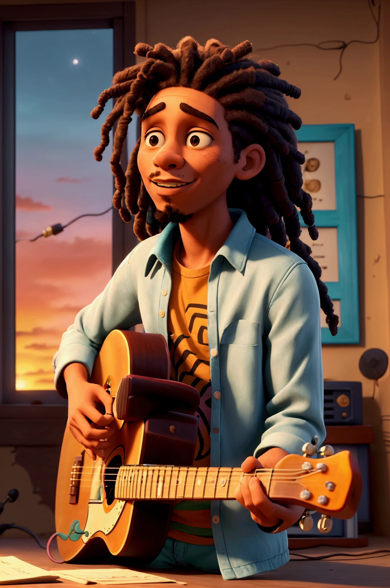 a man with dreadlocks playing guitar, Bob Marley, detailed portrait, warm sunset lighting, Kingston Jamaica, ocean view, sunset over the sea, thoughtful expression, writing lyrics, Redemption Song, emotional, reflective, 1970s, high quality, photorealistic, cinematic lighting, vibrant colors, intricate details