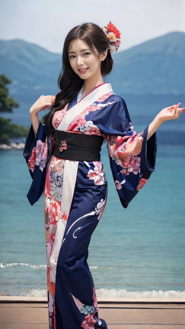 (SeaArt creates stunning illustrations of beautiful women in kimono)、Vividly colored Japanese Ukiyo-e style illustrations、A beautiful woman smiles and shows her upper white teeth、Brown-black long hair、Beautiful full body style、If you want to dance, let's dance, Tokyo Ondo, Yoi Yoi、Beautiful new digital paintings,、Bright vibrant digital anime art、 Beautiful anime portraits、background,Japanese shrine torii gate front、 Detailed digital anime art、