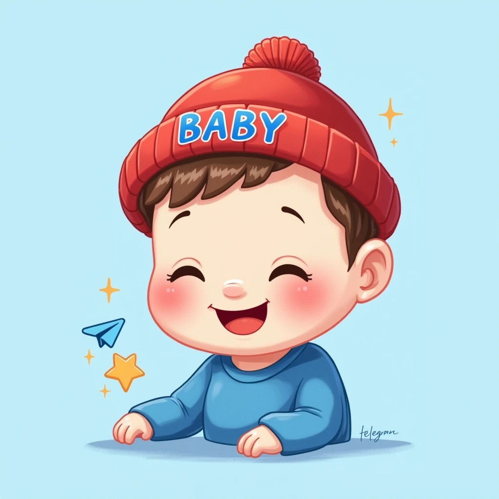  povel durov , Telegram logo , cute , background light blue , red hat , BABY written on the hat in capital letters , in blue clothes povel durov yaz 