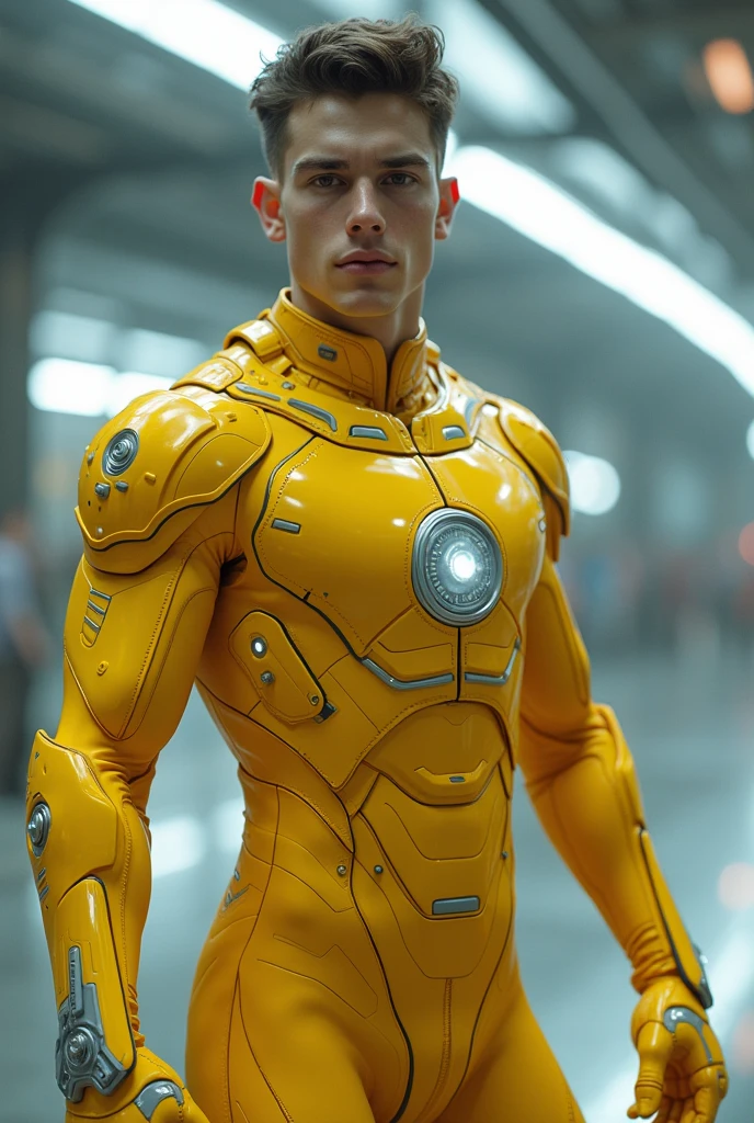 man in yellow technological clothing with button in the middle of the clothing