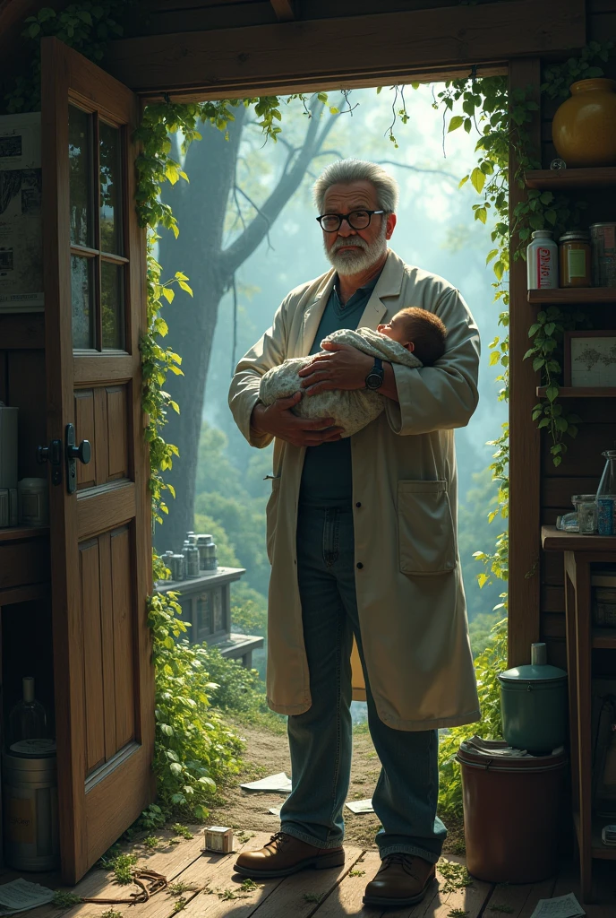 Scientist and his baby in a house in the woods while everything is chaos
